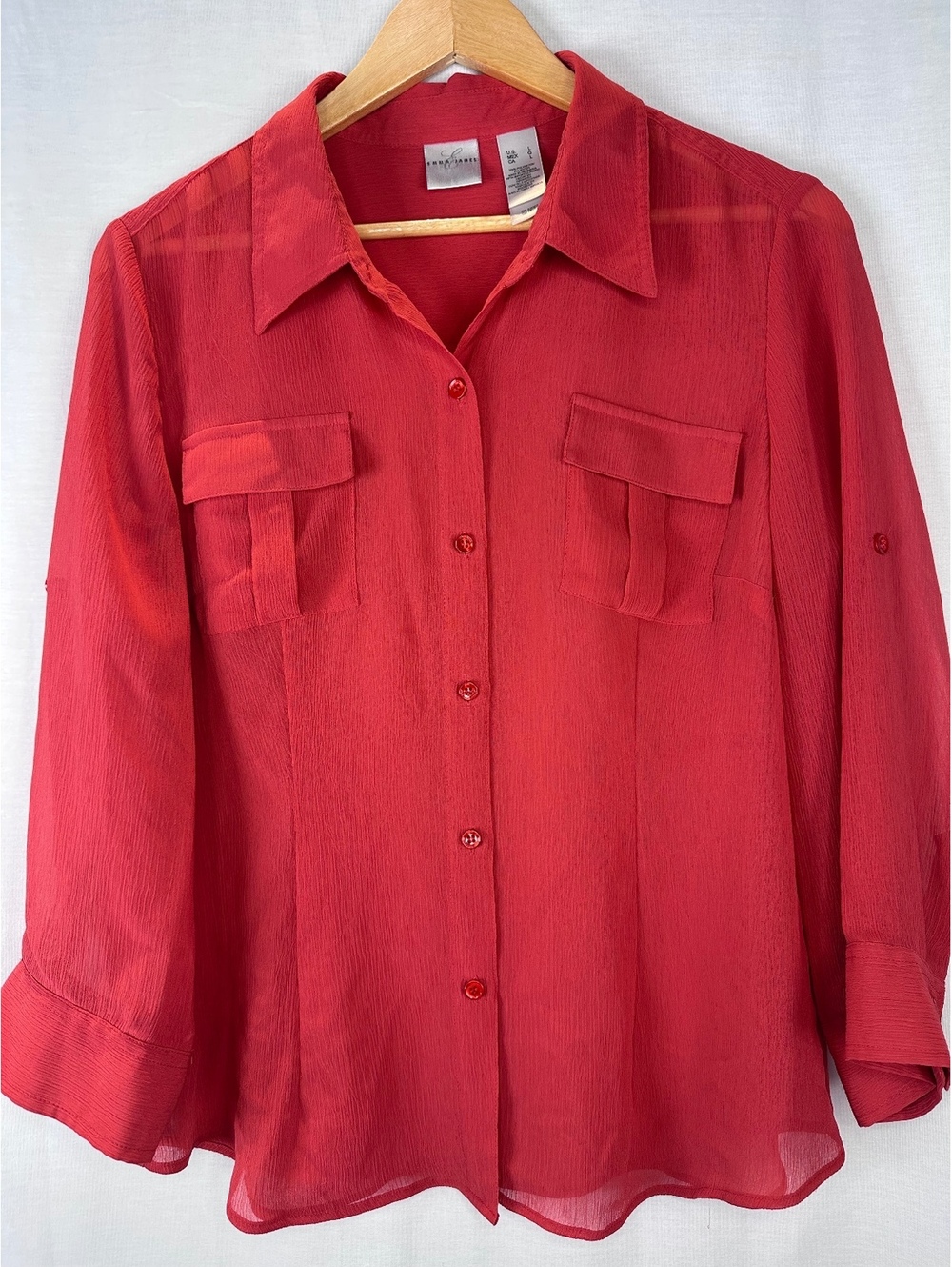 Emma James Size L Red Semi Sheer Button Front Roll Tab Sleeve Blouse